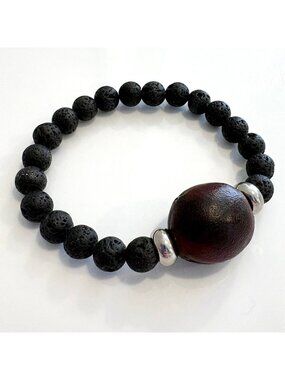 Djuku Seed Lava Stone Black Beaded Boho Stretch Bracelet With Silver Accents